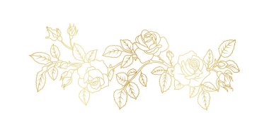 Beyaz arka planda izole edilmiş altın gül çizgisi. Davetiye, düğün, duvar kağıdı, baskı şablonu, vektör illüstrasyonu için lüks güller çiçek tasarımı unsurları.