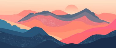 Soyut dağ manzarası arka plan, doğa duvar dekoru, sanat baskısı, minimalist panorama tepesi, macera ve seyahat manzarası tasarımı. Vektör illüstrasyonu.