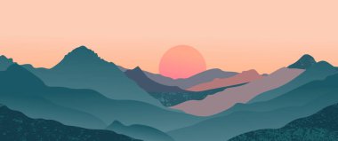 Soyut dağ manzarası arka plan, doğa duvar dekoru, sanat baskısı, minimalist panorama tepesi, macera ve seyahat manzarası tasarımı. Vektör illüstrasyonu.