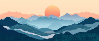 Soyut dağ manzarası arka plan, doğa duvar dekoru, sanat baskısı, minimalist panorama tepesi, macera ve seyahat manzarası tasarımı. Vektör illüstrasyonu.