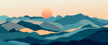 Soyut dağ manzarası arka plan, doğa duvar dekoru, sanat baskısı, minimalist panorama tepesi, macera ve seyahat manzarası tasarımı. Vektör illüstrasyonu.