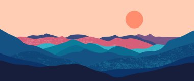 Soyut dağ manzarası arka plan, doğa duvar dekoru, sanat baskısı, minimalist panorama tepesi, macera ve seyahat manzarası tasarımı. Vektör illüstrasyonu.