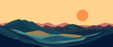 Soyut dağ manzarası arka plan, doğa duvar dekoru, sanat baskısı, minimalist panorama tepesi, macera ve seyahat manzarası tasarımı. Vektör illüstrasyonu.