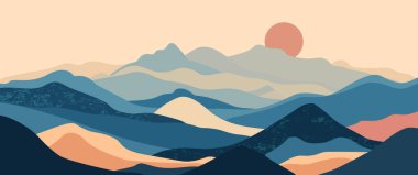 Soyut dağ manzarası arka plan, doğa duvar dekoru, sanat baskısı, minimalist panorama tepesi, macera ve seyahat manzarası tasarımı. Vektör illüstrasyonu.