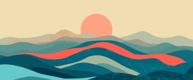 Soyut dağ manzarası arka plan, doğa duvar dekoru, sanat baskısı, minimalist panorama tepesi, macera ve seyahat manzarası tasarımı. Vektör illüstrasyonu.