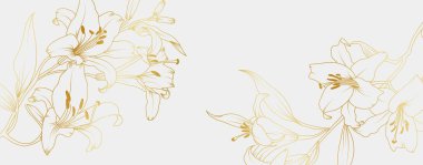 Lüks altın zambak çiçekleri arka planı. Çiçek desenli tropikal resim tarzı selamlama, davetiye, düğün kartı, duvar resmi, duvar kağıdı ve baskı için. Vektör illüstrasyonu