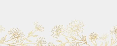 Lüks altın papatya çiçeği arka planı. Çiçek desenli tropikal resim tarzı selamlama, davetiye, düğün kartı, duvar resmi, duvar kağıdı ve baskı için. Vektör illüstrasyonu