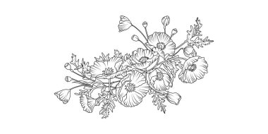 Beyaz arka planda gelincik çiçek aranjmanı çizimi. Düğün için siluet botanik el çizimi ögesi, davet çerçevesi tasarımı, vektör illüstrasyonu.