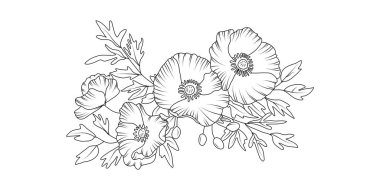 Beyaz arka planda gelincik çiçek aranjmanı çizimi. Düğün için siluet botanik el çizimi ögesi, davet çerçevesi tasarımı, vektör illüstrasyonu.