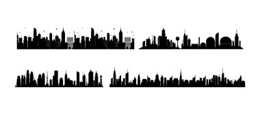 Siyah giysili Urban Skyline siluetleri Beyaz Arkaplanda izole edilmiş. Şehir veya kasaba ögesi eps10 vektör illüstrasyonu.