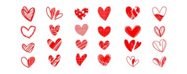 Sevgililer Günü için kalp karalaması. Kırmızı Kalp simgesi çizimi grafik seti. El çizimi kalp element vektörü.