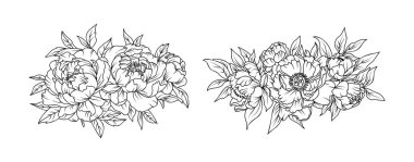 Beyaz arka planda şakayık çiçekleri düzenleme çizgisi. Düğün için siluet botanik el çizimi ögesi, davet çerçevesi tasarımı, vektör illüstrasyonu.