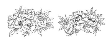 Beyaz arka planda şakayık çiçekleri düzenleme çizgisi. Düğün için siluet botanik el çizimi ögesi, davet çerçevesi tasarımı, vektör illüstrasyonu.