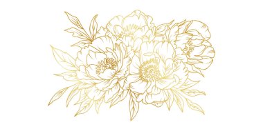 Beyaz arka planda izole edilmiş altın şakayık çiçek çizgisi. Davetiye, düğün, duvar kağıdı, baskı şablonu, vektör illüstrasyonu için lüks çiçek tasarımı unsurları.