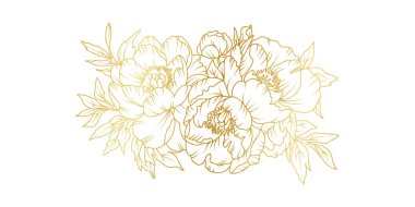 Beyaz arka planda izole edilmiş altın şakayık çiçek çizgisi. Davetiye, düğün, duvar kağıdı, baskı şablonu, vektör illüstrasyonu için lüks çiçek tasarımı unsurları.