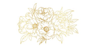 Beyaz arka planda izole edilmiş altın şakayık çiçek çizgisi. Davetiye, düğün, duvar kağıdı, baskı şablonu, vektör illüstrasyonu için lüks çiçek tasarımı unsurları.