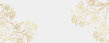 Altın sarısı, Narcissus çiçeği arkaplanı. Selamlama, davetiye, düğün kartı, duvar resmi, duvar kâğıdı ve baskı için nergis çiçeği desenli tropikal bir çizgi. Vektör illüstrasyonu.