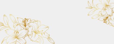 Lüks altın zambak çiçekleri arka planı. Çiçek desenli tropikal resim tarzı selamlama, davetiye, düğün kartı, duvar resmi, duvar kağıdı ve baskı için. Vektör illüstrasyonu.