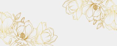 Lüks altın manolya çiçeği arka planı. Çiçek desenli tropikal resim tarzı selamlama, davetiye, düğün kartı, duvar resmi, duvar kağıdı ve baskı için. Vektör illüstrasyonu.