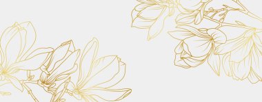 Lüks altın manolya çiçeği arka planı. Çiçek desenli tropikal resim tarzı selamlama, davetiye, düğün kartı, duvar resmi, duvar kağıdı ve baskı için. Vektör illüstrasyonu.