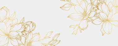 Lüks altın manolya çiçeği arka planı. Çiçek desenli tropikal resim tarzı selamlama, davetiye, düğün kartı, duvar resmi, duvar kağıdı ve baskı için. Vektör illüstrasyonu.