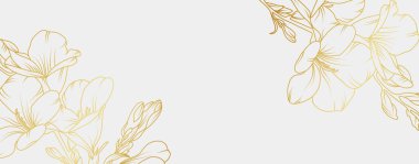 Lüks altın frezya çiçekleri arka planı. Çiçek desenli tropikal resim tarzı selamlama, davetiye, düğün kartı, duvar resmi, duvar kağıdı ve baskı için. Vektör illüstrasyonu.