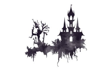 Cadılar Bayramı Kalesi suluboya silueti beyaz arka planda izole edilmiş. Hayaletli ev hayaleti suluboya vektör çizimi.