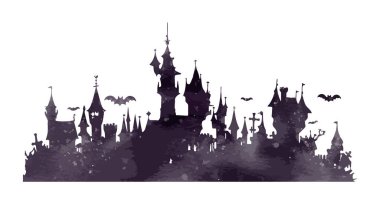 Cadılar Bayramı Kalesi suluboya silueti beyaz arka planda izole edilmiş. Hayaletli ev hayaleti suluboya vektör çizimi.