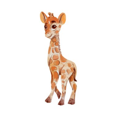 Beyaz arka planda izole edilmiş şirin bebek zürafa suluboya. Çocuk zürafası çizgi filmi el çizimi karakter vektör çizimi.
