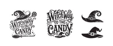 Afişler, afişler, el ilanları, siyah tipografi el yazısı, Cadılar Bayramı parti mektupları, şeker metinlerine cadı yolu.