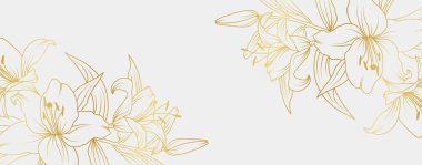 Lüks altın zambak çiçekleri arka planı. Çiçek desenli tropikal resim tarzı selamlama, davetiye, düğün kartı, duvar resmi, duvar kağıdı ve baskı için. Vektör illüstrasyonu