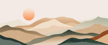 Minimalist çöl dağ manzarası katmanlı tepeler, sıcak gün batımı, çağdaş boho tarzı baskılar, duvar dekorları, arka planlar..