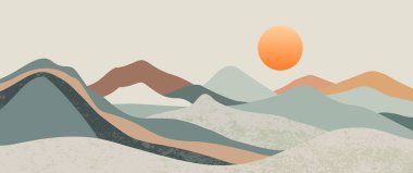 Soyut minimalist dağ manzarası katmanlı tepeler, yumuşak toprak tonlar, posterler, baskılar, modern duvar sanatı için desenli tasarım ile gün doğumu..