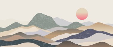 Çağdaş soyut dağ manzarası yuvarlanan tepeler, yumuşak sessiz renkler, dijital baskılar için katmanlı dokularla gün doğumu, duvar dekoru, posterler.