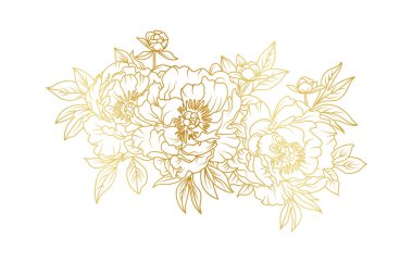 Beyaz arka planda izole edilmiş altın şakayık çiçek çizgisi. Davetiye, düğün, duvar kağıdı, baskı şablonu, vektör illüstrasyonu için lüks şakayık desenli çiçek tasarımı unsurları.