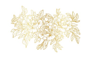Beyaz arka planda izole edilmiş altın şakayık çiçek çizgisi. Davetiye, düğün, duvar kağıdı, baskı şablonu, vektör illüstrasyonu için lüks şakayık desenli çiçek tasarımı unsurları.