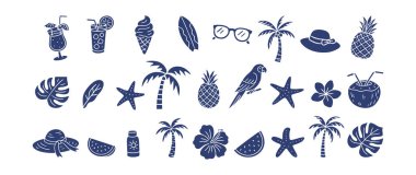 Elle çizilmiş bir dizi tropikal yaz ikonu. Plaj içecekleri, palmiye ağaçları, meyveler, çiçekler ve tatil baskısı, etiket, web tasarımı ve ambalaj için seyahat öğeleri minimum vektör sembolleri.