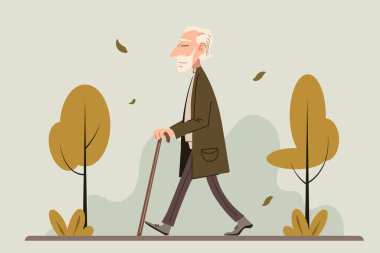 Yaşlanan yaşam tarzı sağlık ve emeklilik kavramı için sonbahar parkında bastonla yürüyen yaşlı bir adam düz vektör çizimi.