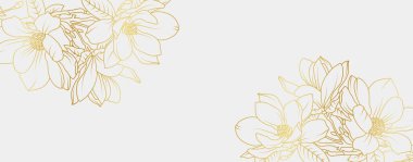 Lüks altın manolya çiçeği arka planı. Çiçek desenli tropikal resim tarzı selamlama, davetiye, düğün kartı, duvar resmi, duvar kağıdı ve baskı için. Vektör illüstrasyonu.