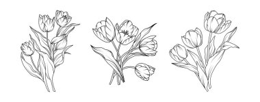 Lale çiçeği aranjmanı beyaz arka planda. Düğün için siluet lale botanik el çizimi ögesi, davet çerçevesi tasarımı, vektör illüstrasyonu.