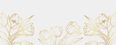 Lüks altın lale çiçeği arka planı. Çiçek desenli tropikal resim tarzı selamlama, davetiye, düğün kartı, duvar resmi, duvar kağıdı ve baskı için. Vektör illüstrasyonu.