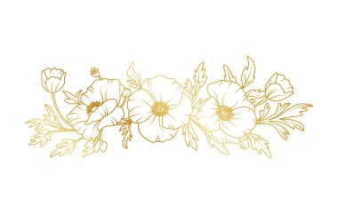 Beyaz arka planda izole edilmiş altın gelincik çiçek çizgisi. Davetiye, düğün, duvar kağıdı, baskı şablonu, vektör illüstrasyonu için lüks gelincik tasarım unsurları.