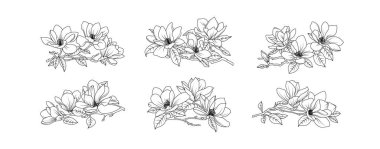 Magnolia çiçek aranjmanı beyaz arka planda. Siluet manolya botanik el çizimi unsuru düğün, davetiye çerçevesi tasarımı, vektör illüstrasyonu.