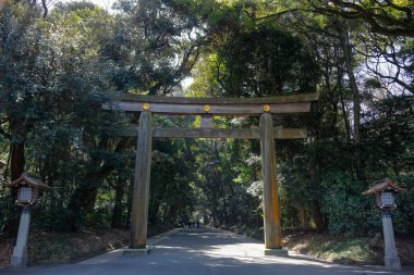 Tokyo, Japonya - 4 Mart 2023: Tokyo, Japonya 'daki Yoyogi Parkı' ndaki Meiji Tapınağı 'na giden yolu gösteren Torii.