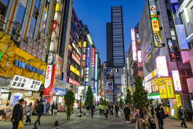 Tokyo, Japonya - 7 Mart 2023: Shinjuku, Tokyo, Japonya 'daki Kabukicho mahallesindeki bir sokakta yaşayan insanlar.