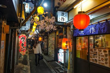 Tokyo, Japonya - 7 Mart 2023: Shinjuku, Tokyo, Japonya 'daki Kabukicho mahallesindeki bir sokakta yaşayan insanlar.