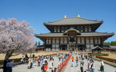 Nara, Japonya - 22 Mart 2023: Todaiji Tapınağını ziyaret eden turistler Japonya 'nın Nara kentindeki bir Budist tapınağıdır..