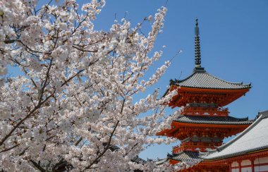 Kyoto, Japonya - 28 Mart 2023: Kiyomizudera Tapınağı 'nın Pagoda' sı, Kyoto, Japonya 'da bulunan bir Budist tapınağıdır..