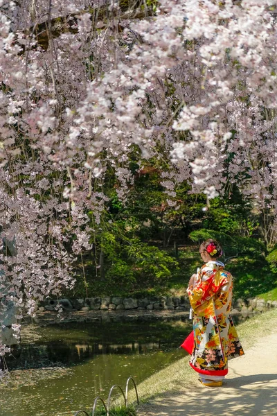 stock image Okayama, Japan - April 4, 2023: A woman dressed in kimono in the Okayama Korakuen Garden, Korakuen is a Japanese garden located in Okayama, Japan.