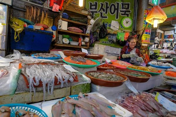 Busan Sydkorea Maj 2023 Kvinna Som Säljer Fisk Gukje Marknaden — Stockfoto